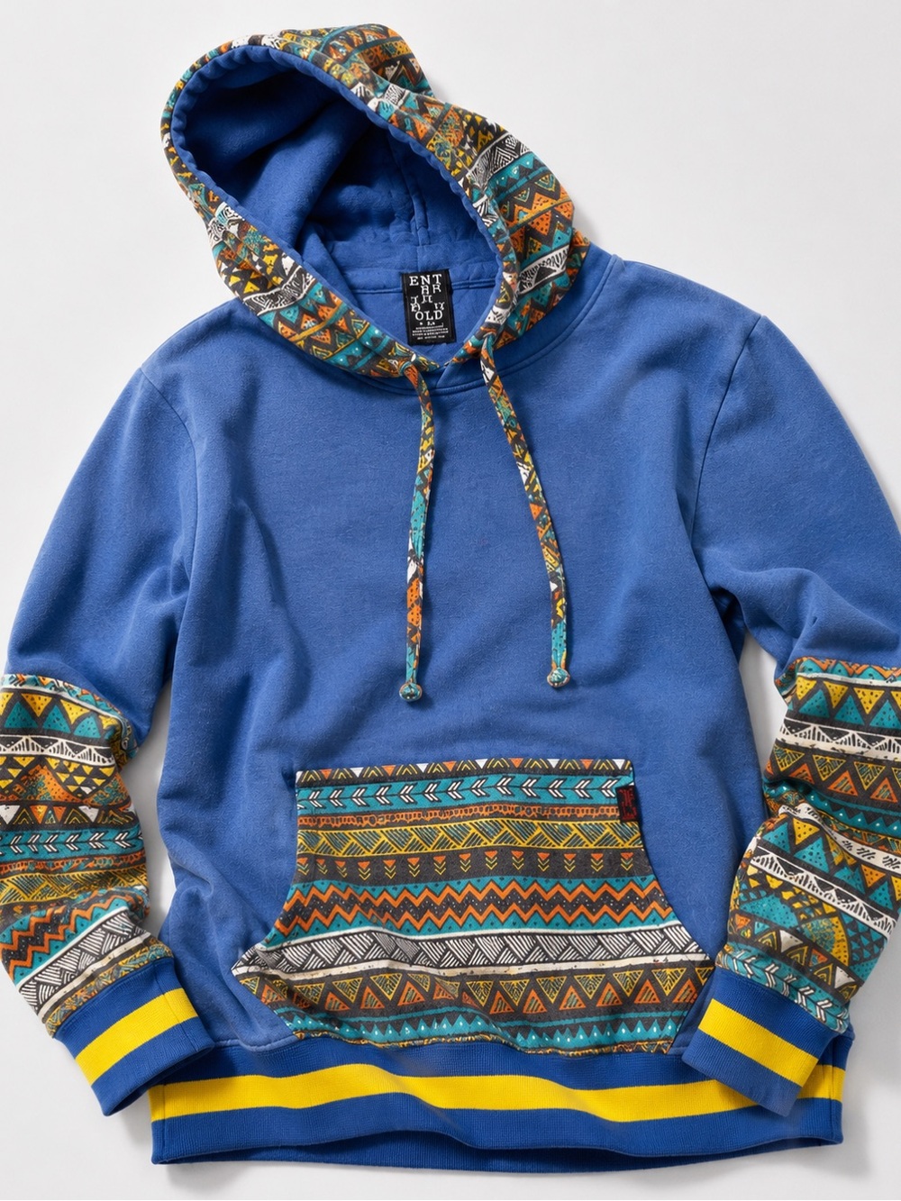 Enter The Void Blue Southwestern Geometric Print Pullover Hoodie Small Oversized